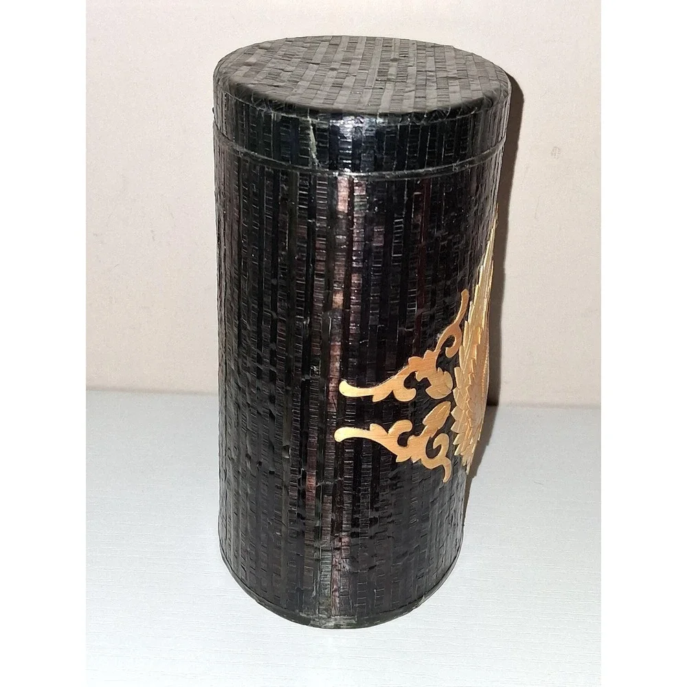 Vintage Asian Straw Art Crane Bamboo Tea Canister Box w Lid 5.5